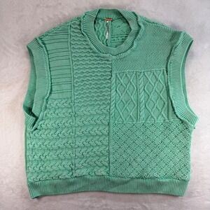 Free‎ People Knit Vest Sleeveless Sweater Cotton Blend Patchwork Green Size L